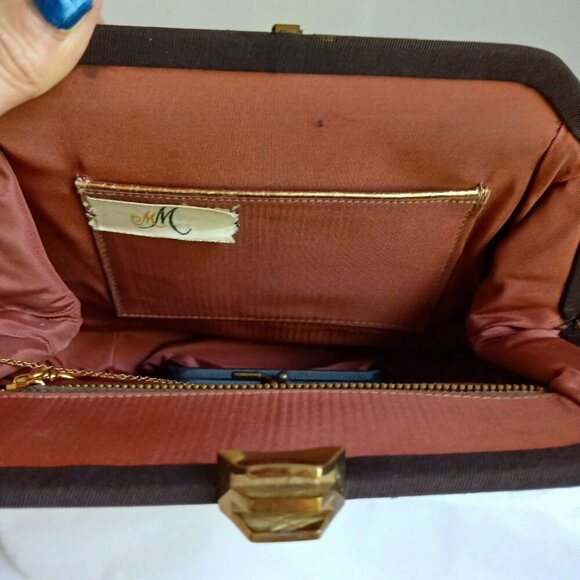 Vintage Brown Grosgrain Gold Art Deco Clasp Handbag with Cute Attached Purse - Picture 6 of 13